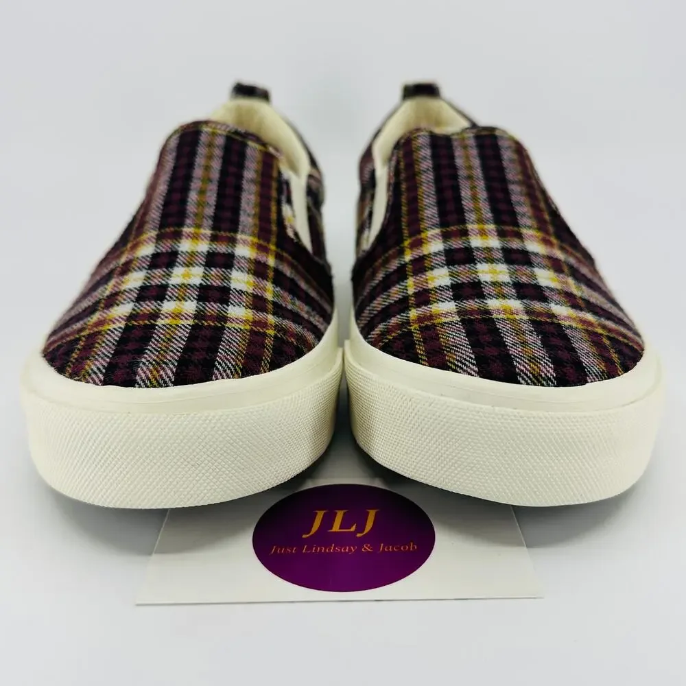 Taos Women's Rubber Soul Burgundy Plaid Canvas Slip On Comfort Sneakers Size 7.5